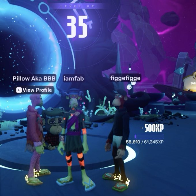 A screenshot from a video game showing three avatars named 'Pillow Aka BBB', 'iamfab', and 'figgefigge' in a purple space-themed area with a 'LEVEL UP 35' notification and 500XP gain.