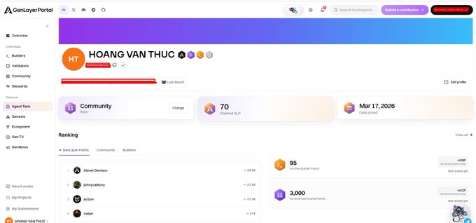 A screenshot of the GenLayer Portal dashboard showing a user profile for 'HOANG VAN THUC' with a Community score of 70, Claimed GLP of 70, and various rankings.