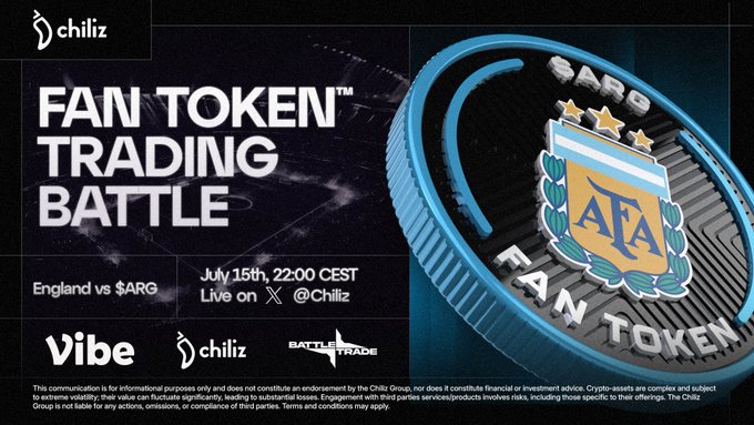 A promotional graphic for a "FAN TOKEN™ TRADING BATTLE" featuring $ARG vs England on July 15th at 22:00 CEST, live on X @Chiliz, showcasing the Argentine Football Association (AFA) fan token coin alongside Chiliz and Vibe BattleTrade branding.
