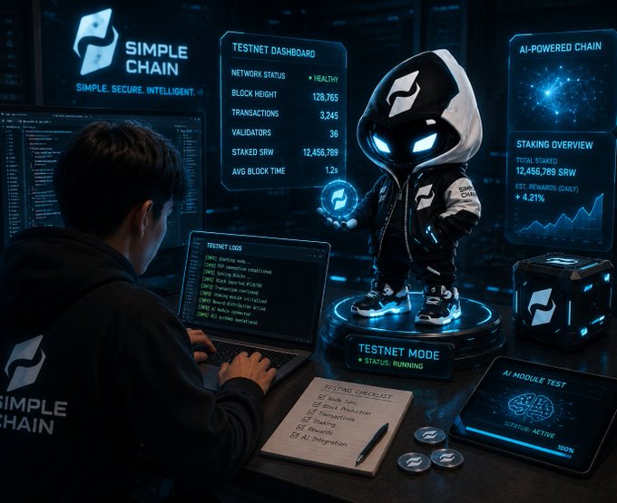 A futuristic dashboard for 'Simple Chain' showing a testnet with network status healthy, block height 123,765, and staked SRW of 12,456,789, alongside an animated hooded figure and a person working at a laptop.