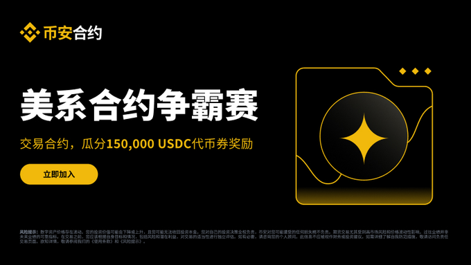 A promotional banner for Binance Futures (币安合约) advertises a "US Margin Contract Championship" with a 150,000 USDC prize pool and a yellow "Join Now" (立即加入) button.