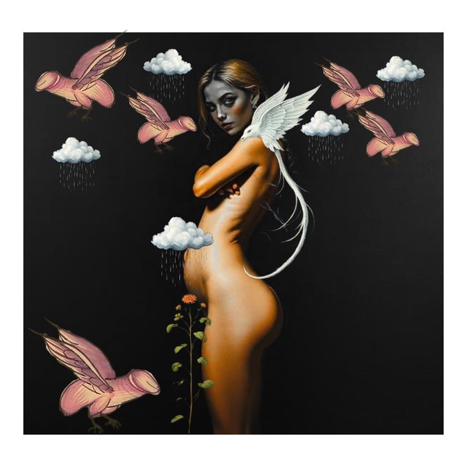 An artistic illustration features a nude woman with white angel wings standing in profile, surrounded by pink birds, clouds raining, and a flower on a black background.