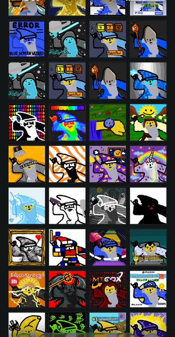 A grid displays numerous colorful, pixelated digital artworks featuring various characters in different poses, costumes, and art styles against diverse backgrounds, appearing to be part of an NFT collection gallery.