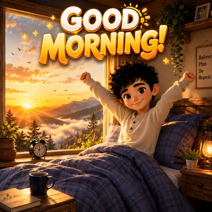 An illustrated greeting card showing a young boy with curly black hair stretching his arms out of bed at sunrise, with the text 'GOOD MORNING!' prominently displayed.