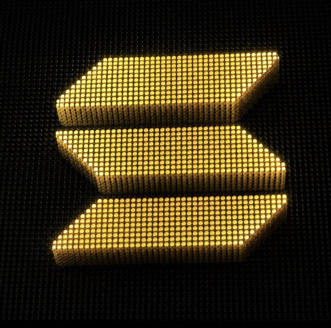 A glowing yellow LED-style "S" logo, the symbol for Solana, displayed against a dark pixelated background, visually representing the Solana blockchain brand featured in the post's request for users to share their Solana addresses.