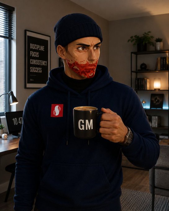 A digital illustration of a man wearing a navy beanie, red face covering, and a dark hoodie, holding a black mug labeled 'GM' in a modern office setting with a framed 'DISCIPLINE FOCUS CONSISTENCY SUCCESS' poster.