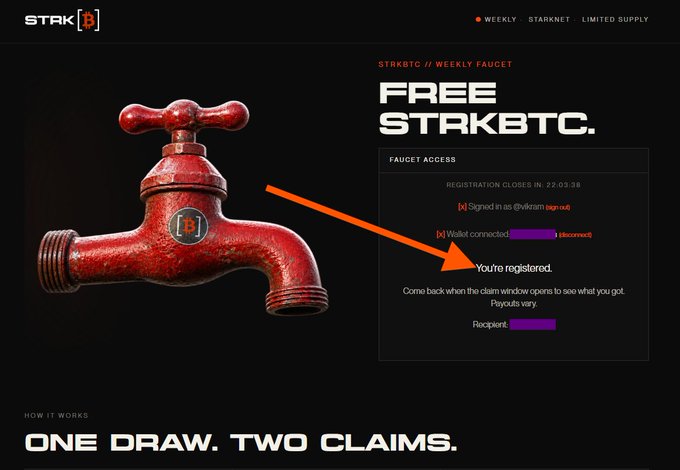 A promotional page for "STAKBTC // WEEKLY FAUCET" features a red faucet graphic and an orange arrow pointing to the message "You're registered," with the bottom text reading "ONE DRAW. TWO CLAIMS."