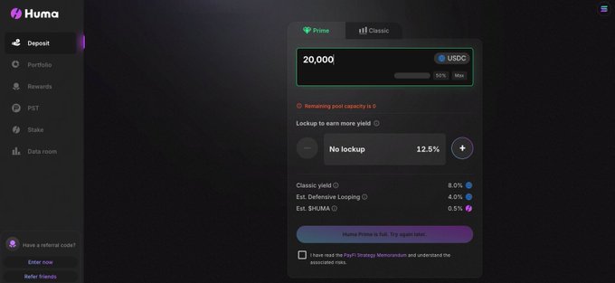 The Huma Finance deposit interface showing a 20,000 USDC deposit option on the Classic tab with 8.0% base yield and lockup period settings.