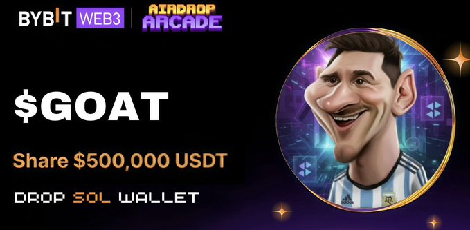 The image is a Bybit Web3 promotional banner for a "$GOAT" token airdrop, offering to share a $500,000 USDT prize pool among participants who drop their Solana wallet addresses, featuring a cartoon caricature of Lionel Messi in an Argentina jersey. The carousel post's call-to-action to tag friends in comments and retweet the pinned post complements this airdrop giveaway by encouraging broader social media engagement to fill the remaining spots in the first 500 wallets.