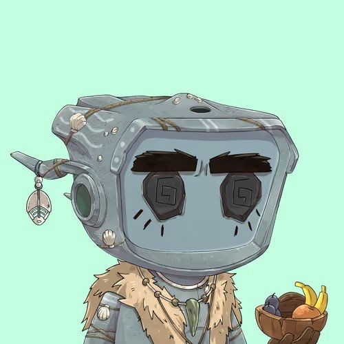 Digital illustration of a cartoonish character wearing a grey robotic helmet with large black eyes and a fur collar, holding a basket of fruit.