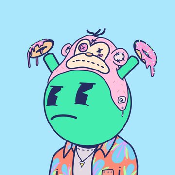 A cartoon illustration of a green-faced character with an angry expression wearing a pink melting bear hat with donut ears and a colorful patterned shirt.