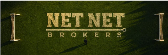 The image displays a wide aerial shot of "NET NET BROKERS" rendered as gold lettering on a green grass field, with a small figure of a person standing in front of the text, all framed by two gold pillars on either side. This serves as a visual banner for the NetNet Brokers NFT collection promotion, emphasizing the bold branding associated with the airdrop giveaway mentioned in the post.