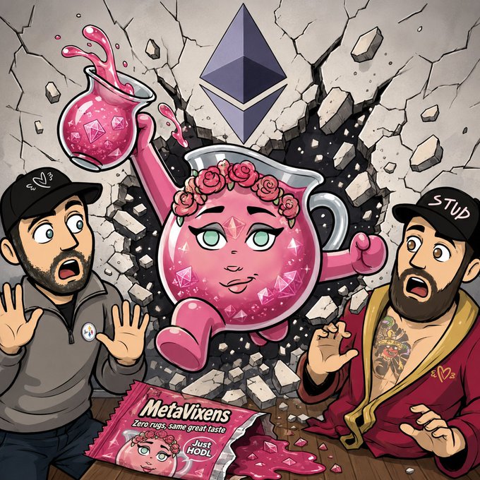 A cartoon-style illustration features a pink pitcher character with a flower crown holding a potion next to an Ethereum logo, while two shocked men in caps labeled 'W/3' and 'STUD' react to a spilled 'MetaVixens' packet labeled 'Just HODL'.