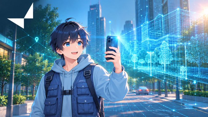 An anime-style illustration of a young man with dark hair and a blue hoodie taking a photo with his smartphone, surrounded by glowing blue holographic networks and futuristic cityscapes.