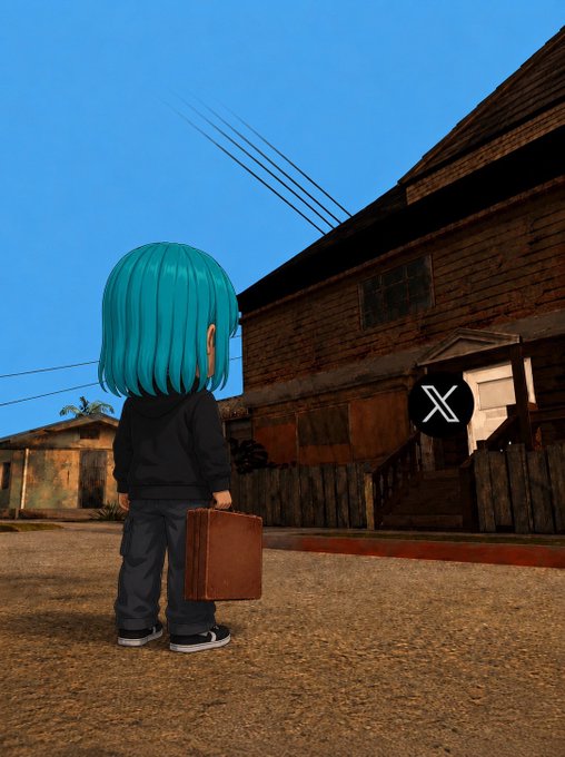 A 3D-rendered character with teal hair, wearing a black hoodie and holding a brown suitcase, stands on a street looking toward a weathered wooden house with an 'X' icon floating nearby.