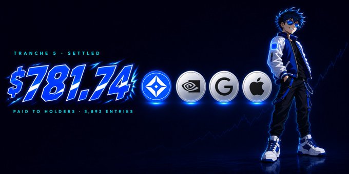 An anime-style character with blue hair and sunglasses stands on the right next to cryptocurrency logos, with the text 'TRANCHE 5 · SETTLED', '$781.74 PAID TO HOLDERS · 3,893 ENTRIES'.