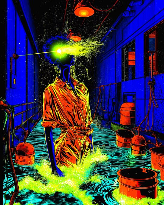 A vibrant, neon-colored digital illustration of a figure in an orange jumpsuit with green fluid spraying from their face in a dark, industrial hallway.