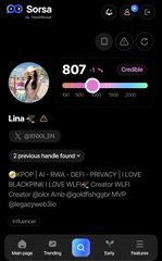 A mobile profile screen for the artist "Sorsa" showing 807 followers, a bio mentioning "Lina" with hashtags like #MACRIL and #HEXFREAK, and tabs for User page, Hashtag, Early, and Features.