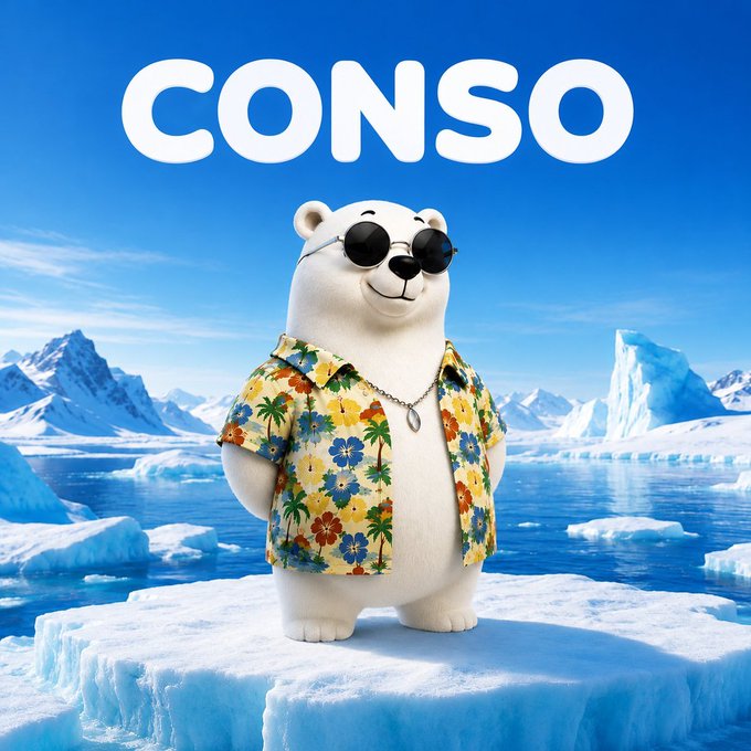 A cartoon polar bear wearing sunglasses and a tropical Hawaiian shirt stands on an iceberg, with the bold white text "CONSO" displayed against a blue sky above. The juxtaposition of the arctic bear in tropical attire visually reinforces the post's theme of fragmented online identities—each playful element (the cool sunglasses, the beachy shirt, the icy setting) represents a different "layer" or persona we wear across various Web3 platforms.