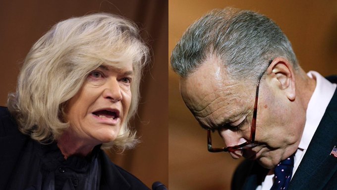A side-by-side image shows Senator Cynthia Lummis speaking emphatically on the left, paired with Senator Chuck Schumer looking downward on the right, visually representing Lummis's attack on Democrats—particularly Schumer—for killing the CLARITY Act. The pairing underscores her accusation that Democrats handed China a strategic win by blocking the legislation.