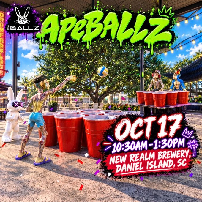 Promotional graphic for an 'ApeBallz' event on Oct 17, 10:30AM-1:30PM at New Realm Brewery, Daniel Island, SC, featuring animated characters playing beer pong at an outdoor venue.