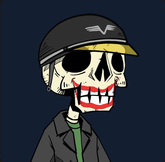 A cartoon-style illustration of a skeleton character wearing a black helmet with a 'V' emblem, black goggles, and a black jacket over a green shirt.