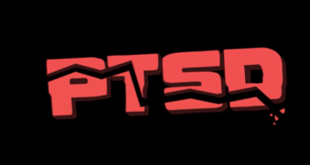 A stylized graphic with the word 'PTSD' in cracked, red, distressed lettering on a black background.