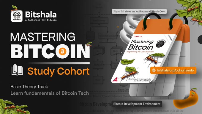 An advertisement graphic for 'Bitshala' promoting a 'Mastering Bitcoin Study Cohort - Basic Theory Track,' featuring the O'Reilly 'Mastering Bitcoin' book cover, the URL bitshala.org/cohorts/mb/, and an illustration of a Bitcoin Core architecture diagram.
