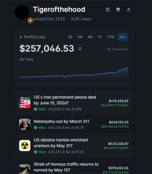 A Polymarket profit/loss dashboard for user 'Tigerofthehood' showing $257,046.53 all-time profit, with winning trades on geopolitical events like 'US x Iran permanent peace deal by June 15, 2026' and 'Natanyahu out by March 31'.