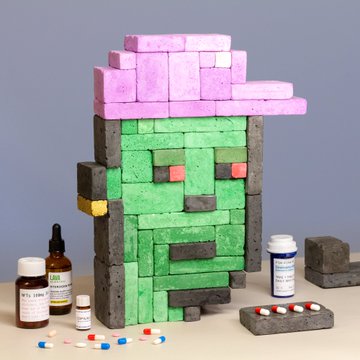 A creative figurine of the Minecraft 'Zombie Pigman' character constructed from colorful blocks, accompanied by medicine bottles and loose pills on the surface.