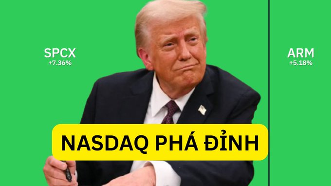 An image of Donald Trump against a green screen with stock tickers 'SPCX +7.36%' and 'ARM +5.18%', overlaid with the Vietnamese text 'NASDAQ PHÁ ĐỈNH' on a yellow banner.