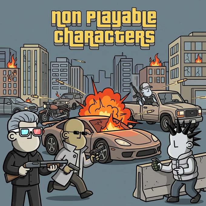 An illustrated video game-style cover art titled 'non playable characters' depicting cartoon characters with weapons amid a war-torn cityscape with burning buildings, an exploding car, and gunfire.