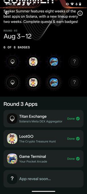 A mobile app screen for 'Seeker Summer' featuring Round 3 from Aug 3-12, showing completed quests for Titan Exchange, LootGO, and Game Terminal apps with badges earned.