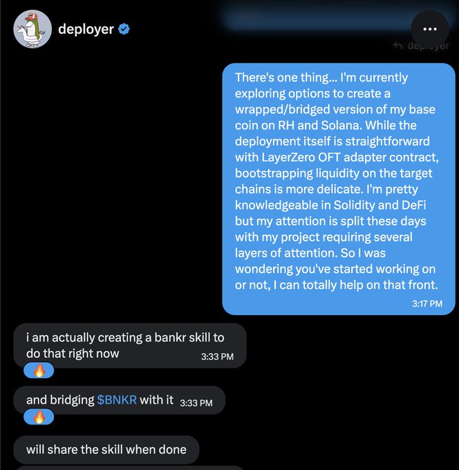 A Twitter DM conversation where a user 'deployer' discusses creating a wrapped/bridged version of their base coin on Robinhood and Solana using LayerZero OFT adapter, while the other person responds that they are creating a bankr skill to bridge $BNKR.