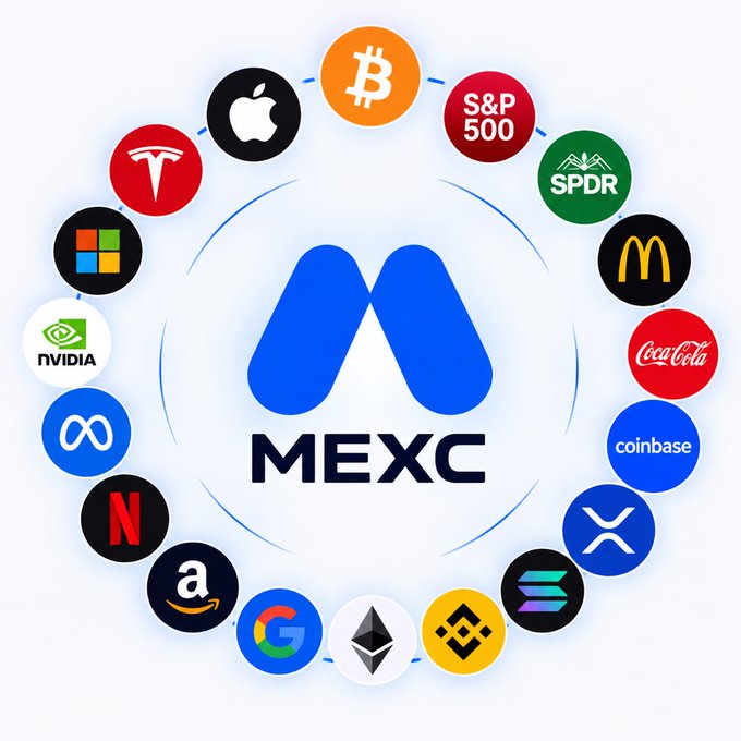 The image shows the MEXC logo surrounded by a circle of recognizable brand and asset icons, including Bitcoin, S&P 500, SPDR, Tesla, Apple, McDonald's, NVIDIA, Coca-Cola, Coinbase, Amazon, Netflix, Ethereum, Binance, Meta, Microsoft, and Google, visually representing the variety of stock and crypto tradable assets available on the MEXC exchange.