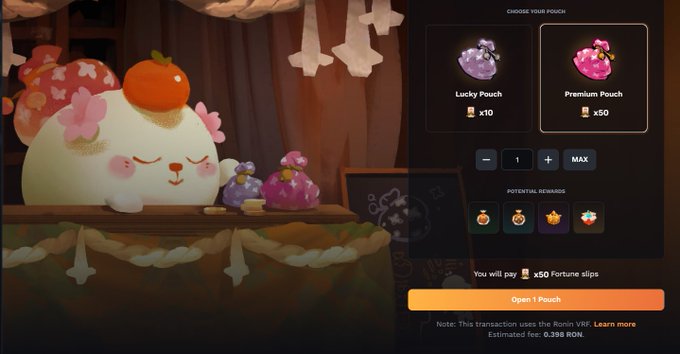 A cute white axie character with an orange on its head stands at a wooden counter displaying purple and pink pouches, while a "CHOOSE YOUR POUCH" menu on the right offers a "Lucky Pouch" for x10 or "Premium Pouch" for x50 fortune slips, with an "Open 1 Pouch" button indicating a cost of x50 Fortune slips and potential rewards of four consumable items. The image illustrates the Garuda Shop's pouch-opening feature mentioned in the caption, where players spend Fortune Slips on pouches containing consumables for their axies.
