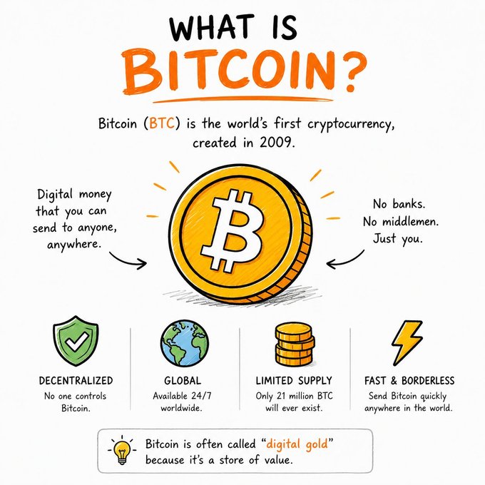The image is an infographic titled "What is Bitcoin?" explaining that Bitcoin (BTC), the world's first cryptocurrency created in 2009, is digital money that can be sent peer-to-peer without banks or middlemen. It highlights four key features—decentralized, global (24/7 availability), limited supply (21 million BTC), and fast & borderless—with a note calling Bitcoin "digital gold" due to its store-of-value properties, setting the stage for the post's beginner-friendly rules on getting started.
