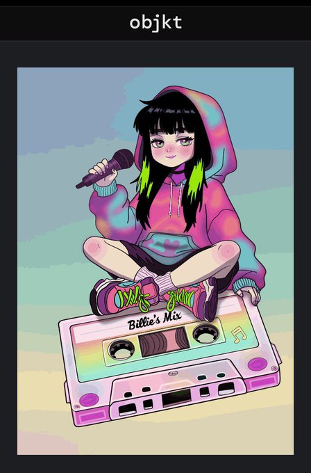 Anime-style digital art on the objkt platform featuring a girl with neon green-streaked hair in a colorful hoodie holding a microphone while sitting on a giant rainbow cassette tape labeled "Billie's Mix."