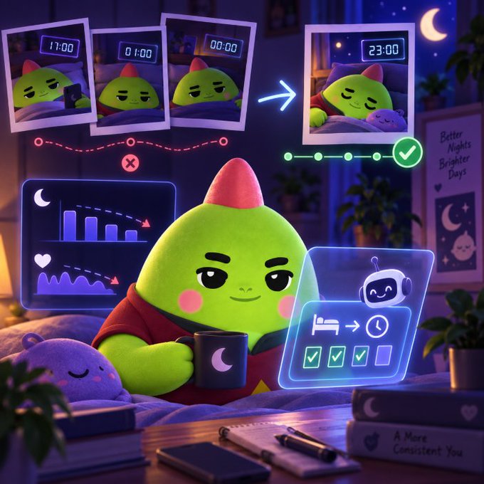 A cute green character with a red party hat holds a mug with a moon symbol, surrounded by sleep-tracking app screens showing times like 11:00, 01:00, 00:00, and 23:00, plus charts and UI elements promoting 'Better Nights, Brighter Days' and 'A More Consistent You'.