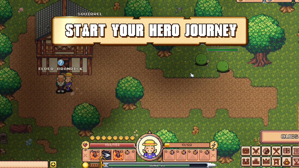 A pixel art RPG game screen titled 'START YOUR HERO JOURNEY', showing a farmer character near an NPC labeled 'ELDER BRANRICK' in a village setting with a quest UI at the bottom.