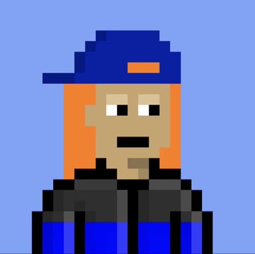 A pixel art portrait of a person with orange hair wearing a blue backwards cap and a dark jacket with blue accents against a solid light blue background.