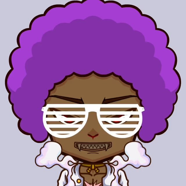 A chibi-style cartoon avatar of a dark-skinned character with a large purple afro, white shutter-shade sunglasses, sharp teeth, and a white fur-collared coat.