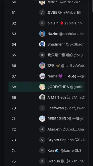 A screenshot of a Twitter/X follower list showing usernames including Mtrox (@Mtrox20), ДVBERH (@AvbrErth), bielzin, Nazim, Shadmehr, and others numbered 60-75.