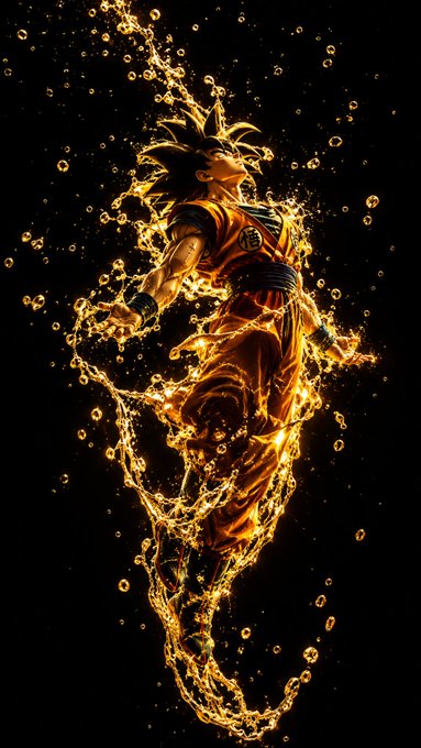 An artistic depiction of a character in an orange gi, resembling Goku, surrounded by swirling golden energy and water droplets against a black background.