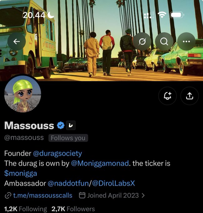 A Twitter/X profile page for Massouss (@massouss), a verified founder of @duragsociety with 2.7K followers, featuring a banner image depicting a GTA-style street scene with characters walking past a bus and cars, and a cartoon avatar of a woman in a green durag. The post relates to the profile as it highlights Massouss as the project founder and references his previous work with the Monigga token on Monad, tying into the GTA-meets-black-culture meme theme shown in the banner.