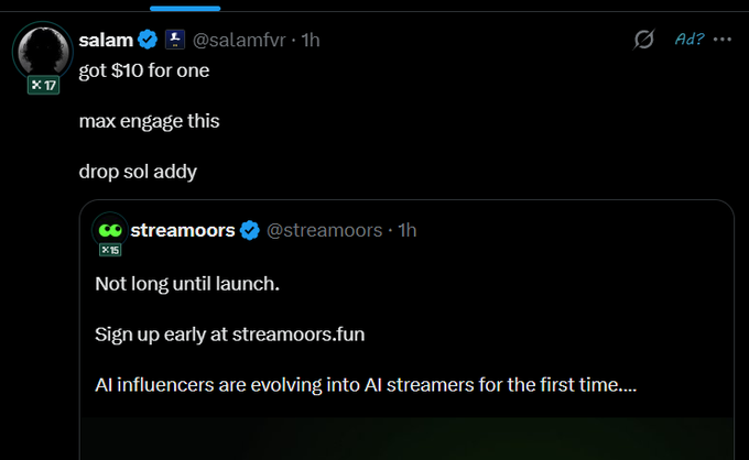 A Twitter/X exchange where user @streammoors77 posts about their AI streamers project launch at streamoors.fun, and user @salamfvr offers $10 for one and engagement, with the note 'AI influencers are evolving into AI streamers for the first time...'