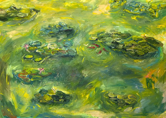 An impressionist-style painting featuring green and yellow water with floating lily pads and small pink flowers, rendered in loose, swirling brushstrokes reminiscent of Monet's water lily series.