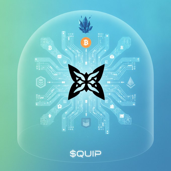 The image features a blue glass dome that contains various elements related to cryptocurrency, including a butterfly logo positioned at the center of the dome. The text "quip" is written below the butterfly, indicating the name or theme of the cryptocurrency being discussed in this image. The caption above the image provides information about the purpose and concept behind the cryptocurrency, which seems to be focused on Quantum risk management and infra migration strategies for Bitcoin and other cryptocurrencies.