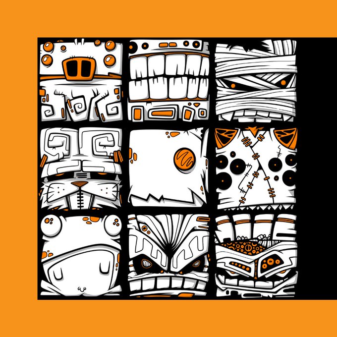 A 3x3 grid on an orange background displays nine stylized, square illustrations featuring black-and-white faces with orange accents and abstract tribal or mechanical patterns.
