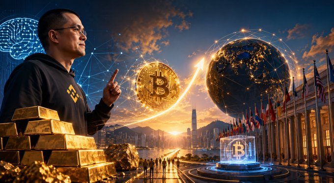 A man wearing a Binance-branded hoodie points upward beside a stack of gold bars, with a Bitcoin coin, an illuminated globe, and the "2026 Bitcoin Asia Hong Kong" event setting displayed in the background. The image visually echoes the post's message, reinforcing CZ's warning that overlooking Bitcoin is as risky as ignoring generative AI and his prediction that BTC will replace gold as a global reserve asset.